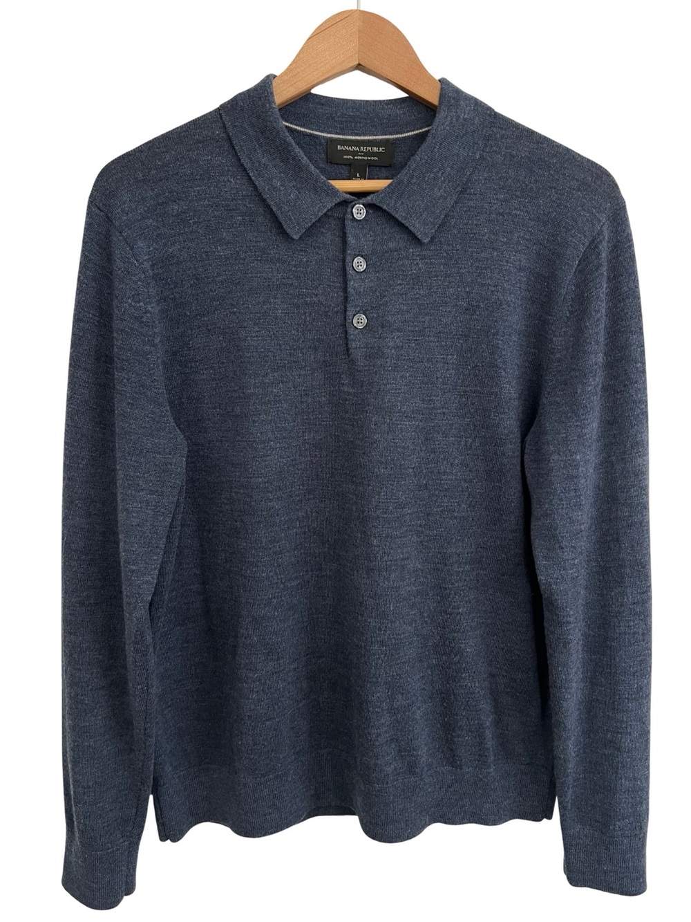 Banana Republic 100% Merino Wool Men's Large Polo Sweater Long Sleeves Blue